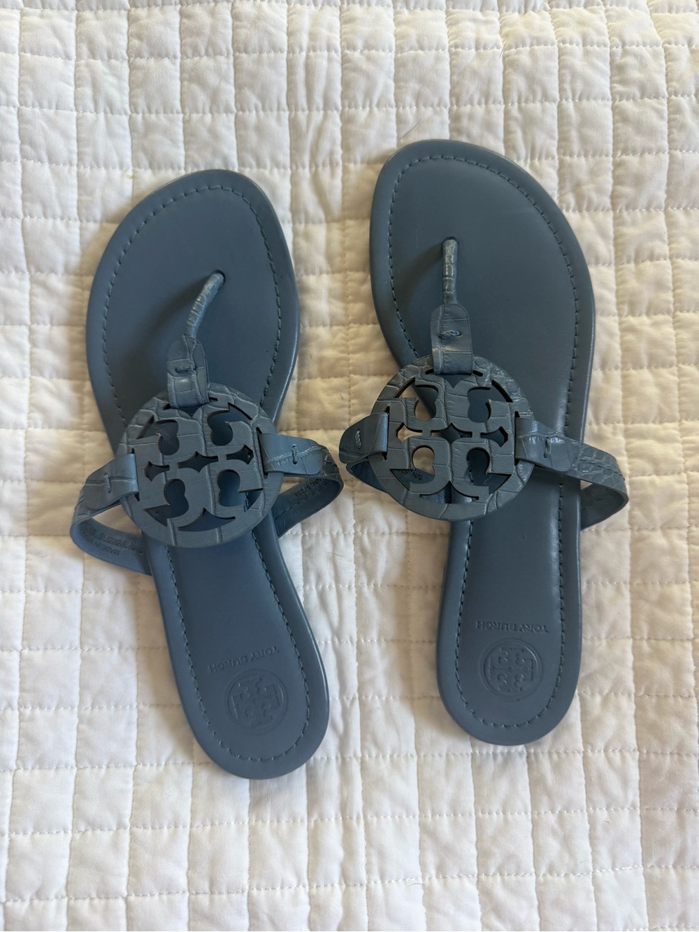 Blue Leather Logo Cutout Thong Sandals
